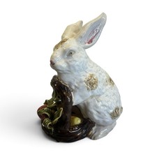 Studio Art Majolica Rabbit Figurine w/ Fruit Basket Large Glazed Pottery picture