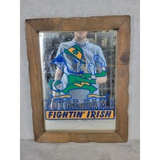 Vintage Notre Dame Fighting Irish Leprechaun Bar Mirror Scalloped Wood 19x15 picture
