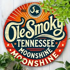 Vintage Ole Smoky Tennessee Moonshine 8x8 Inch Round - Rustic Tin Metal Signs picture
