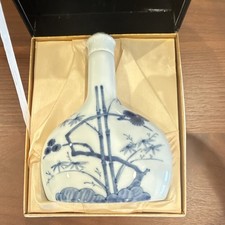 Vintage Japanese Blue & White Porcelain Sake Decanter Bottle w/ Cork & Box picture