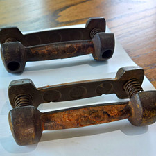 Antique Eugen Sandow Cast Iron Spring-grip Dumbbells, 1898-1910s, 2 Piece Set picture