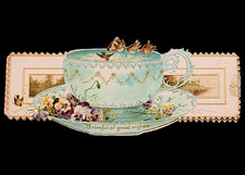 Antique Raphael Tuck Die Cut Teacup Pansy Greeting Card Saxony Victorian picture