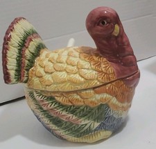 Vintage Benchmark Harvest Time Ceramic Thanksgiving Turkey Gravy Tureen w/ladle picture