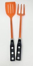 RARE Vintage Long Spatula & Fork Hong Kong Plastic Orange 70s Groovy Movie Prop picture