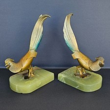 Antique Austrian Bronze Pheasant Figurines Bookends Onyx Base Cold Painted 1920s picture