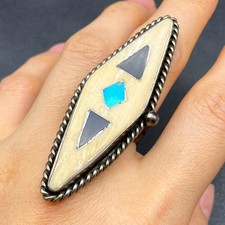 Vintage Zuni Native Pawn Turquoise Jet Inlay Silver Ring Size 6.75 picture