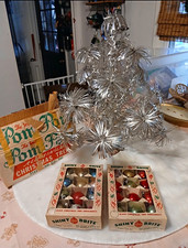 2 ft Pom Pom Silver Aluminum Christmas Tree w/ Original Box, ornaments and skirt picture