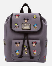 Loungefly Mini Backpack MICKEY FRIENDS Embroidered Gray Canvas Disney Flap picture