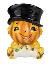Vintage Lefton Anthropomorphic Pumpkin Scarecrow Planter 6400 Japan Top Hat 6.5
