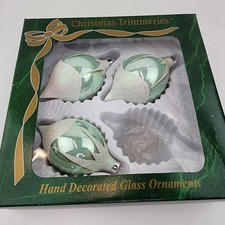 Vintage Bradford Christmas Trimmeries Glass Ornaments Set 3 Green White picture