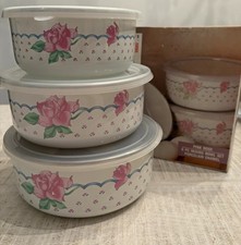 Vintage Cottage Core 6-Piece Porcelain Enamel Floral Rose Lidded Mixing Bowl Set picture
