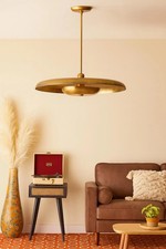 1950s Modern Mid Century Aged Brass Pendant Light, 24 Inch Retro Ceiling Fixture picture