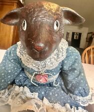Vintage Ceramic Chalkware Lamb Blue Dress 15” Cloth Center Doll picture