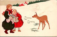 Christmas Postcard Children Walking Through Snow See Deer~3934 picture