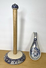 Talavera Style Blue/White Ceramic & Wood Paper Towel Holder & Spoon Rest picture