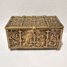 Antique Gothic Revival Brass Bronze Jewelry Casket Box Ornate Religious Relief picture