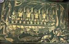 Vintage Cambodian Temple Rubbing Embossed Gold On Green Papyrus/Ceremonial Boat picture