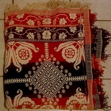 VINTAGE JACQUARD LOOMED KING SIZED  COVERLET RED ,WHITE,BLUE  picture