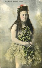 Vintage Hula Dancer Postcard Hawaiian Islands Grass Skirt Lei The Island Curio picture