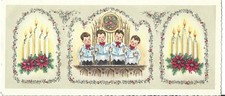 Vtg Christmas Greeting Card 7.75X3.25 FOUR CHOIR BOYS SINGING IN CHURCH CANDLES picture