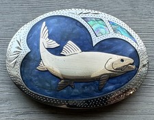 Johnson and Held Fish Belt Buckle & Salmon Inlay Silver Tone Blue picture