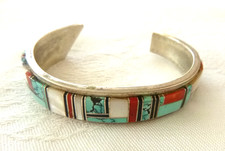 Zuni Artisan Multistone Inlaid Tapered Cuff Bracelet 925 Sterling Silver Signed picture