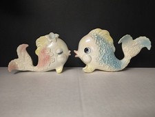 Vintage Norcrest Kissing Fish Ceramic Wall Plaques Pink Blue MCM Retro Decor picture