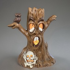 Vtg 1978 Ceramic Lighted Halloween Tree Double Sided Spooky Tree Skull Owl 12