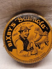 ANTIQUE BIXBY'S SATINOLA TIN LITHO SHOE POLISH CAN CLEANER AWESOME GRAPHIC Empty picture