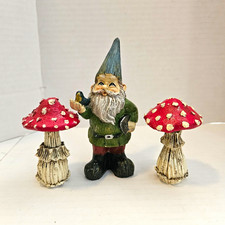 Fantasy Gnomes Gnome Figurine Set with 2 Red Spotted Mushroom Toadstools picture