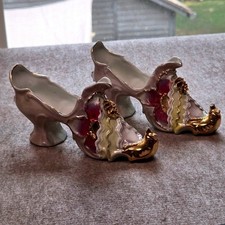 Vintage Porcelain Victorian Shoe Figurines Set of 2 Iridescent Floral Gold 79 picture