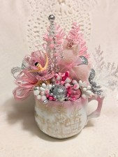 Vintage Pink Handmade Christmas Assemblege Ceramic Cup Flocked Deer Ballerina picture
