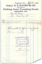 1917 Vergennes VT A. S. Haven & Co. Clothing Groceries Billh picture