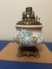 Antique Victorian Scovill Kerosene Oil Lamp Floral Milk Glass Cast Iron Base 30” picture