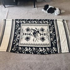 VTG 1940-1950s Hand Woven Pictorial Rug 79x44.5” White/Cream/Black/Gray picture