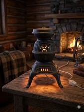 Vintage Cast Iron Potbelly Stove Table Lamp Accent Night Light Rustic Decor 12
