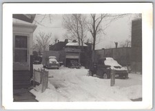 Vtg B&W Snapshot Winter Snow Yard Trucks Garage Auto Repair House 1940s picture