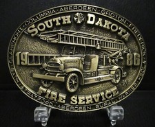 South Dakota Fire Service Hook & Ladder Truck Aberdeen Brass Belt Buckle 1986 SD picture