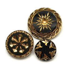 PRETTY Vintage Trio of SNOWFLAKE Black Glass & Gold Accent Buttons (F22) picture