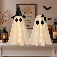 2 Pack 24 Inch Halloween Ghost Decorations, Light up Ghosts with Witch Hats, DIY picture