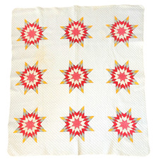 Antique Quilt 1800s Star of Bethlehem Cotton Turkey Red Cheddar Yellow Ivory picture