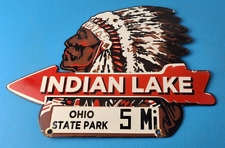 Vintage Indian Lake Sign - State Park, Gas Motor Oil Pump Porcelain Indian Sign picture