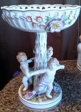 Antique VON SCHIERHOLZ Germany Centerpiece Compote Bowl 3 Cherubs/Putti Dresden picture