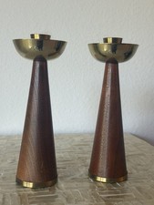 Vintage Chicago Brass Wood Candlestick Pair | Mid Century MCM Candle Holders picture