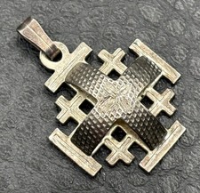 Vintage Jerusalem 925 Sterling Silver Cross Pendant 3D Textured Necklace Charm picture