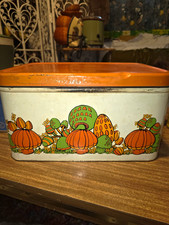 Vintage Large Metal Rectangle Tin w/ Lid Vegetable Theme Orange White Green READ picture