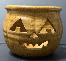 Vintage Studio Art Pottery Pumpkin Jack O Lantern Candle Holder Speckle picture