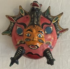 Vtg Mexican Folk Art Bat Diablo Devil Coconut Wall Mask Totem Decor Halloween picture