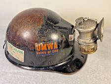 Vintage MSA Comfo Cap Low Vein Miner Hard Hat UMWA Decals Auto-Lite Carbide Lamp picture