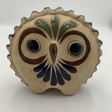Mexican Tonala Pottery Owl Handpainted Floral Design Scalloped Border picture